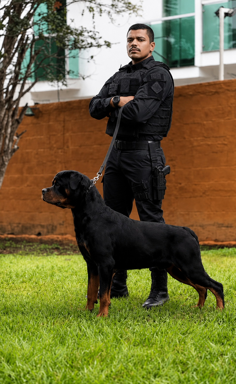 Handler do Canil Forte ao lado de um Rottweiler de guarda em ambiente externo